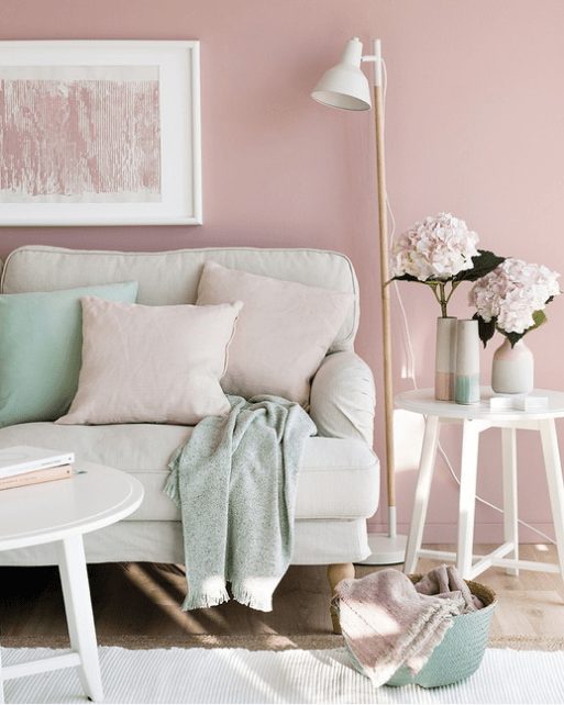 dusty pink is the main color in this space, and soft neutral shades take 30%, while mint is an accent color