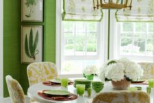 green is the main color in this organic space, white was added for a fresh look, and yellow and tan soften the space