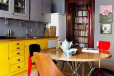 greyish purple is taken as the main color here, natural wood adds chic and bold yellow and red create a colorful accent