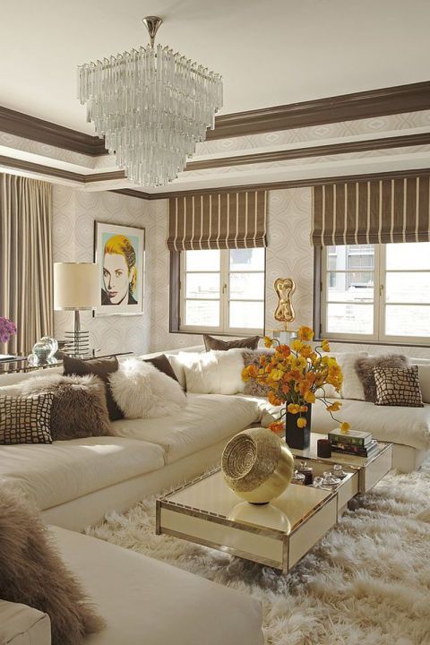 ivory is the main color in this luxurious space, brown is added for a contrast, and yellow is an accent