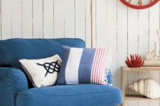 white is the main color for this seaside space, bold blue is additional, and red is icing on the cake