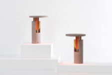 01 The Ambra collection features eye-catchy lamps of cantera rosa and copper, which look stylish and timeless