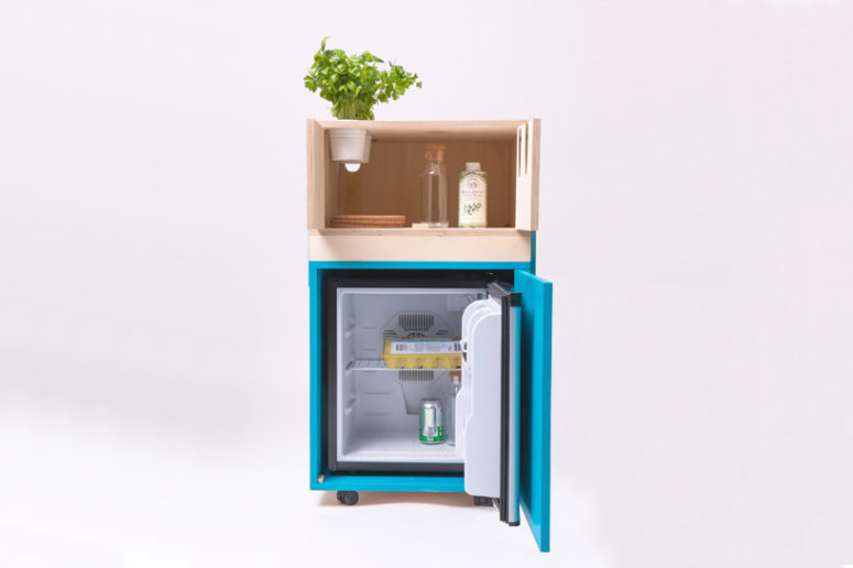 The middle module includes storage space and a mini fridge
