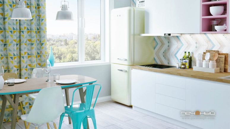 The kitchen is done in white, with colorful and pastel touches - look at these turquoise details, light green and geometric prints