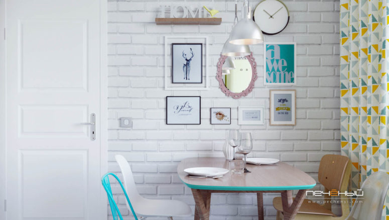 A brick wall makes the space more interesting, and it's accentuated with a gallery wall