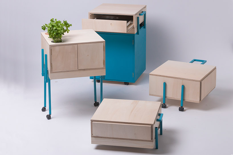 The drawers can be stacked together or become independent elements with a foldable legs mechanism