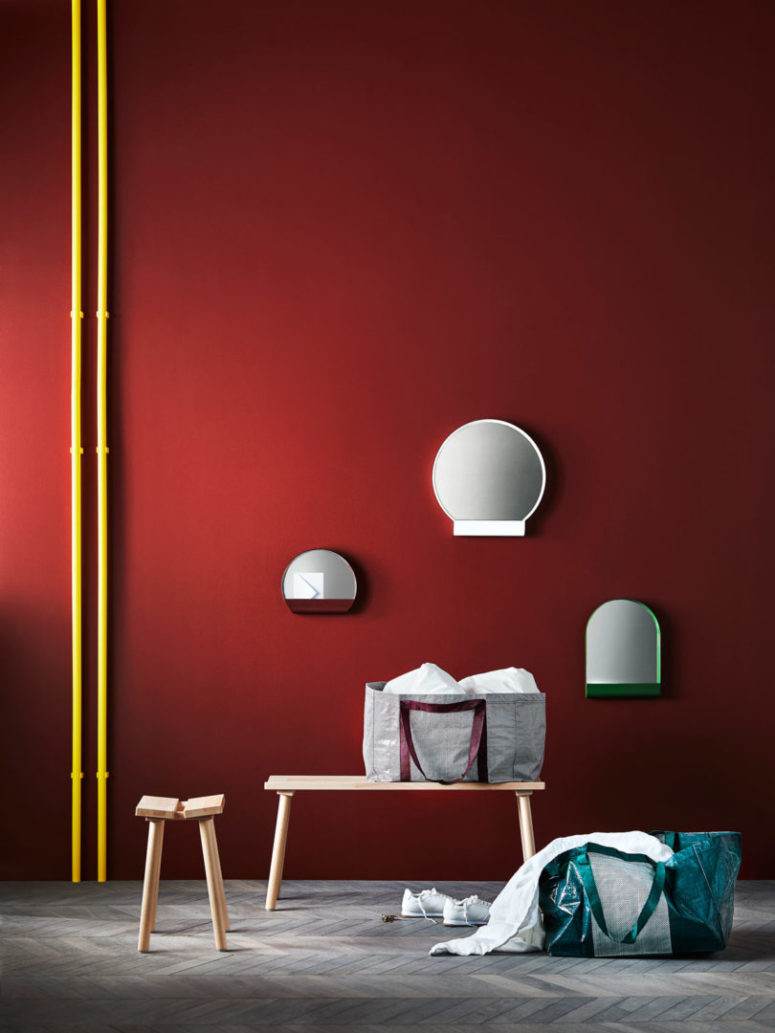 Small mirrors in colorful frames are great for small entryways