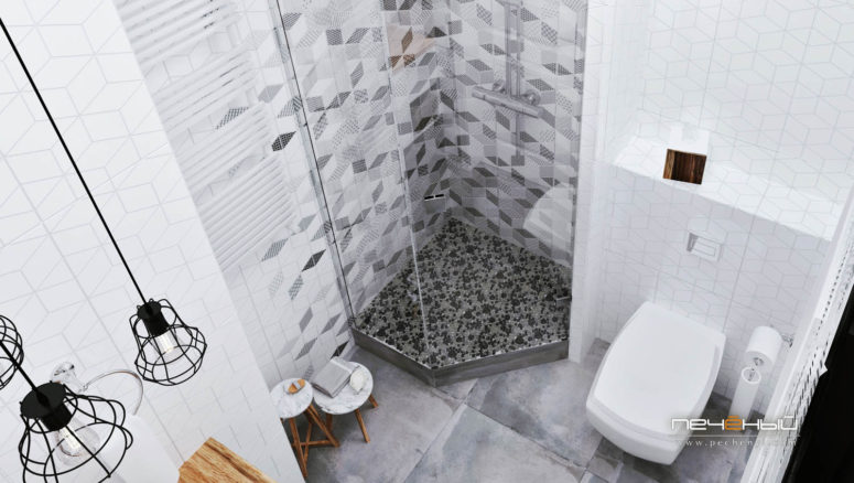 The monochromatic color scheme is enlivened with natural wood