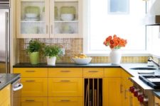 09  farmhouse space with sunny yellow cabinets and a gorgeous printed yellow tile backsplash to match