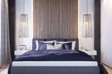 10 an eye-catchy vertical slat wall coming up the ceiling, geometric lamps and a colorful uphlostered bed