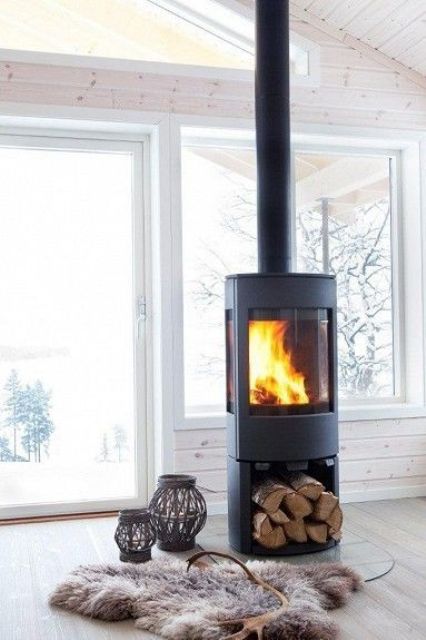 a modern Scandinavian interior is warmed up with a free standing wood stove and some faux fur rugs