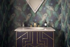 15 Gatsby-inspired black vanity with geometric brass inlay looks very chic and glam