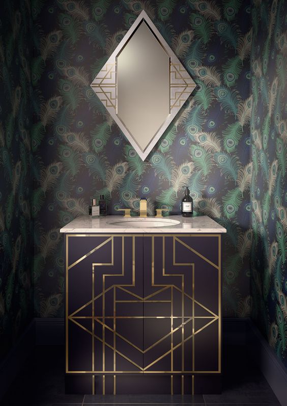 Gatsby-inspired black vanity with geometric brass inlay looks very chic and glam