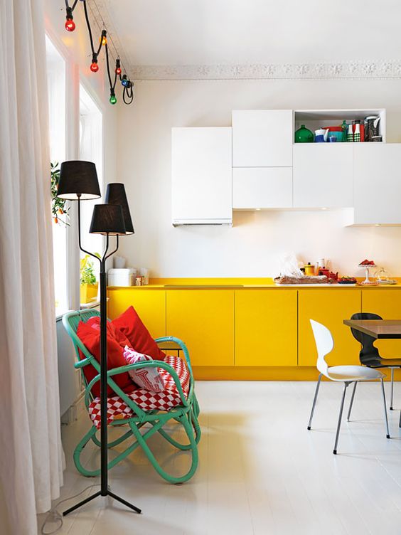 a modern kitchen with white and yellow cabinets and no handles for a bold and chic touch