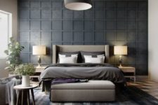 20 a black panel headboard wall stands out, and a grey upholstered bed with a matching pouf make it cozier