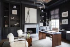 24 a refined home office with black walls and a white rug and furniture for a contrast looks wow