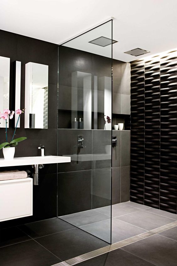 41+ Black Bathroom (DRAMATIC LOOK) - Chic Black Bathroom Ideas  Bathroom  design black, Black tile bathrooms, Bathroom shower walls