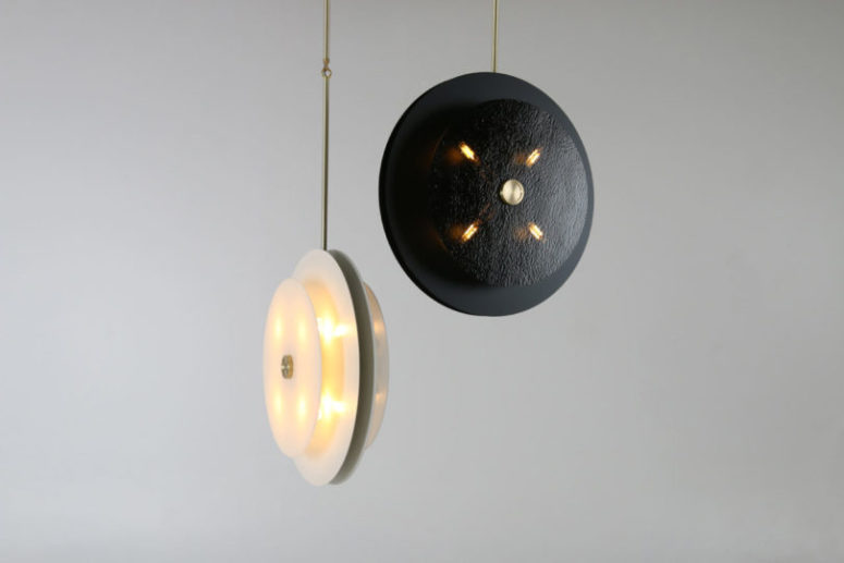 The lamps are circular, they are available in black and white and with a soft glow and shadows