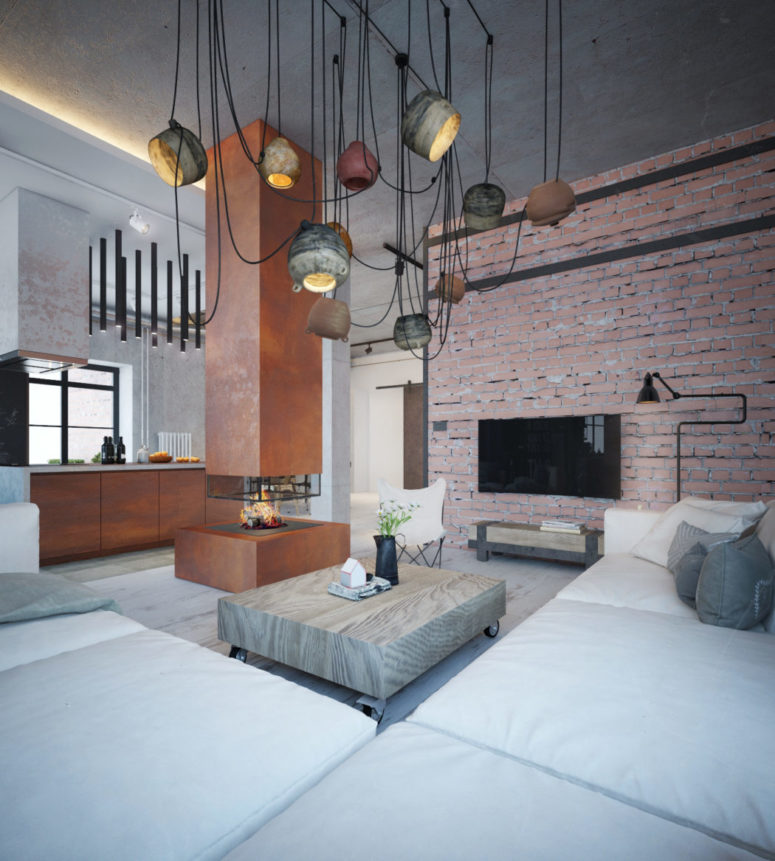 an awesome chandelier in a living room The living room is designed with a statement chandelier, a comfy corner sofa, an industrial coffee table and an exposed brick wall