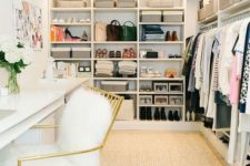 02 a girlish walk-in closet in glam style, with a gilded chair, faux fur and open shelving, there’s also a makeup vanity