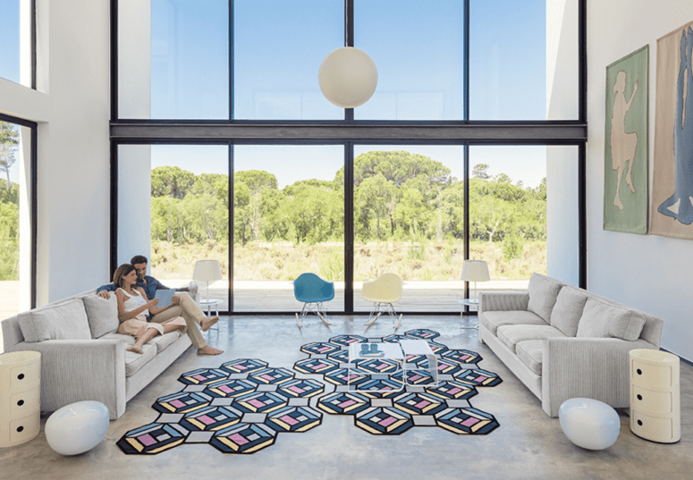 This is Parquet Tetragon rug in blue, pink, grey and black