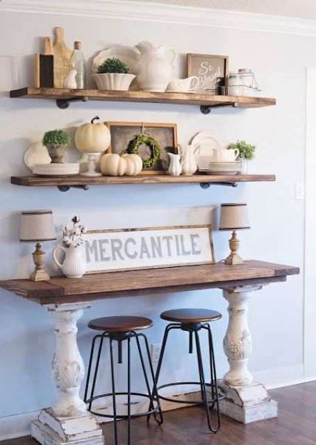 a small farmhouse crafting nook with a narrow console is a great idea if there's not much space