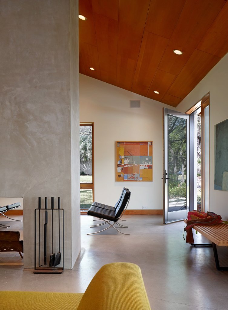 concrete fireplace in a living room