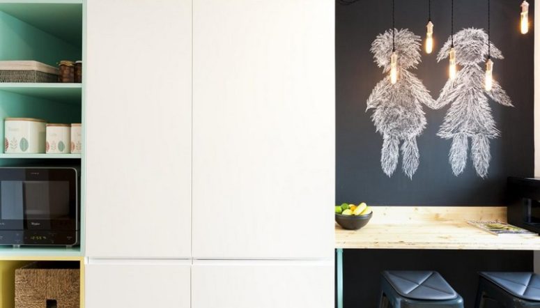 There's a coffee station with a chalkboard wall and a breakfast zone, it features a romantic chalk image