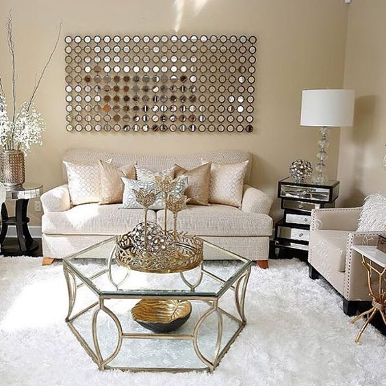 neutral shades and pure white are spruced up with shiny metallic touches