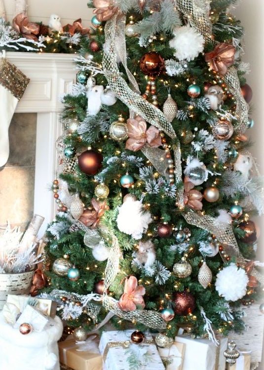 a super glam tree with copper, gold glitter and turquoise ornaments