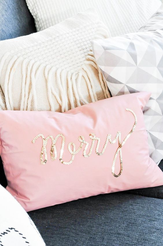a pink pillow with gold sequin calligraphy looks super cute and can be made in some minutes