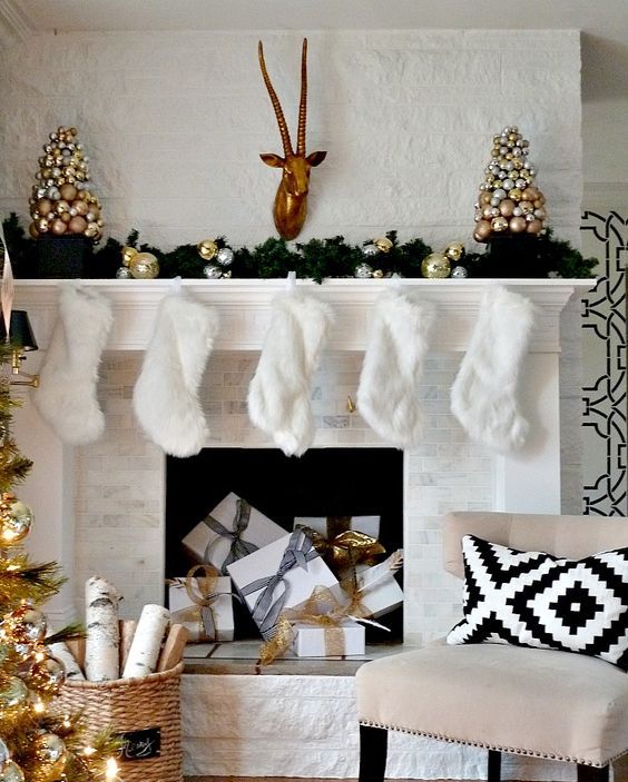 a shiny glam mantel with faux fur stockings, Christmas ornament trees and gifts inside the fireplace