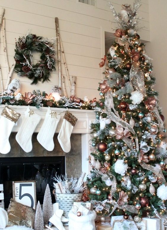 a glam Christmas tree with shiny garlands, silver, gold and chocolate sparkling ornaments