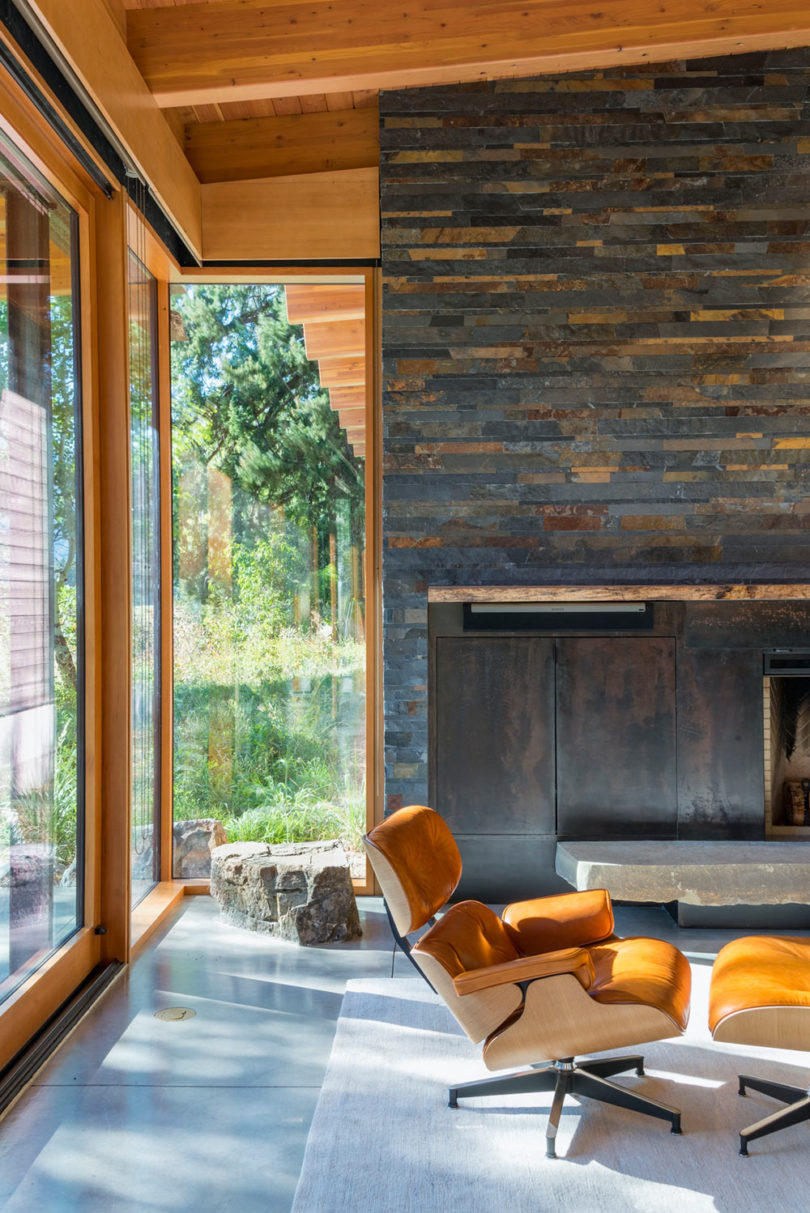 Wood, stone, blackened metal and leather are widely used throughout the house and create that cabin feel