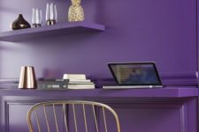 02 a violet statement wall with shelves and a floating desk