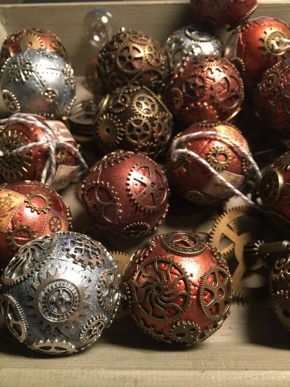 unique Christmas baubles with gears in various metallic shades
