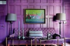 05 a violet paneled wall with a matching diamond upholstery sofa look wow