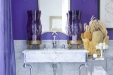 06 an ultra violet statement wall and matching curtains for a unique ocean-inspired bathroom
