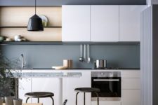 08 a beautiful kitchen in graphite grey and white plus light-colored wood and black lamps