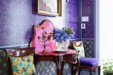 09 an ultra violet printed statement wall and matching upholstered chairs