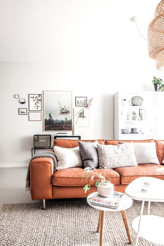 an apricot-colored faux leather sofa looks chic, modern and vivacious plus adds a colorful statement