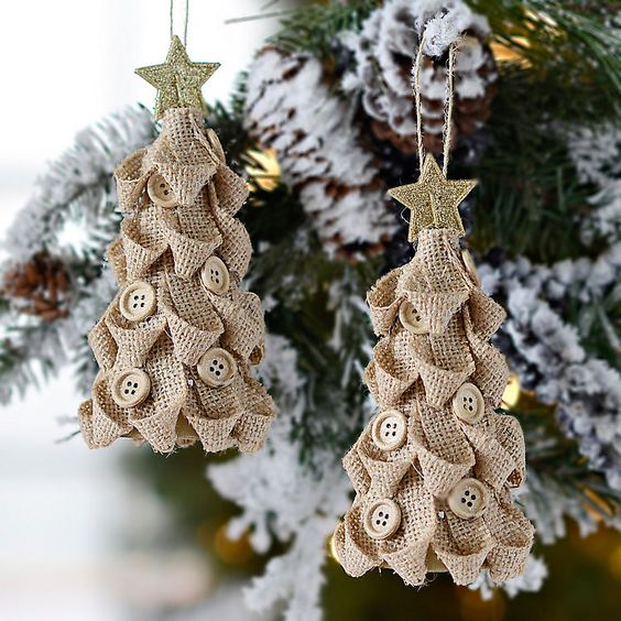 burlap Christmas tree ornaments with neutral buttons and glitter stars on top