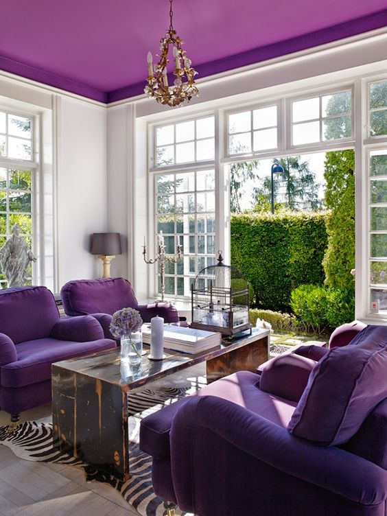 a violet ceiling and violet upholstered furniture for an exquisite living room