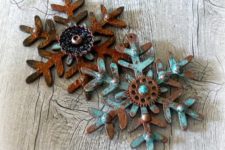 17 patina metal snowflakes can be used for displays, garlands and as ornaments