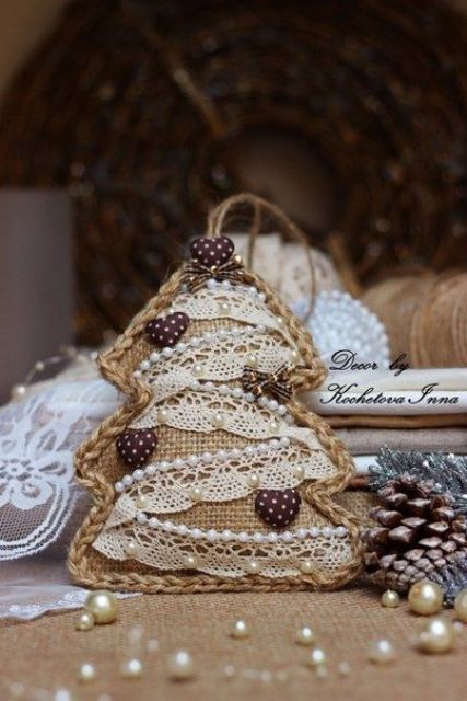 a vintage-inspired burlap Christmas tree ornament with lace, beads and little hearts