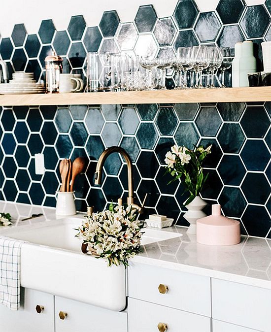 dark green hex tiles with white grout make a colroful statement