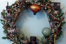 22 a creative steampunk wreath with gears, top hats, hot air balloons, robots and so on