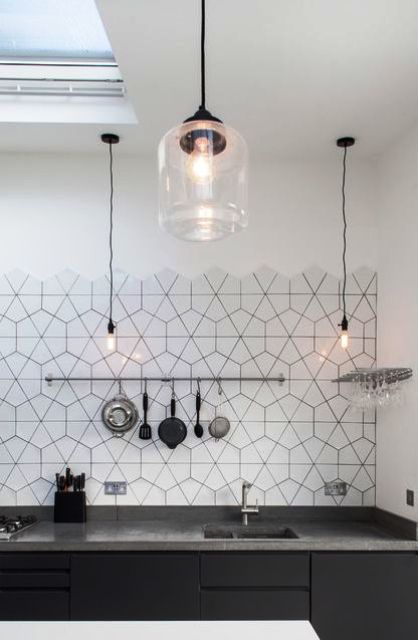 geometric white tiles with black grout for industrial, Scandinavian and just masculine kitchens