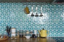 23 green geo tiles with white grout for a mid-century modern kitchen