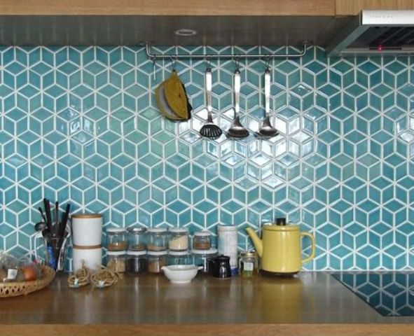 green geo tiles with white grout for a mid-century modern kitchen